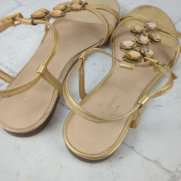 KATE SPADE Gold Metallic Stacey Flat Sandals Rhinestone Strappy Size 8.5 M - Picture 13 of 15